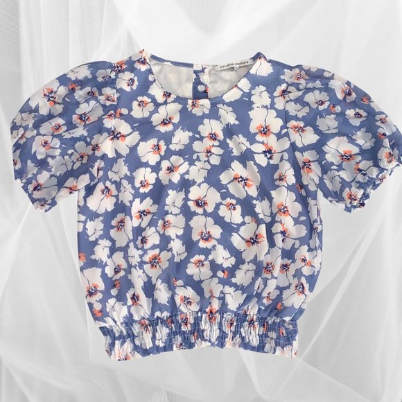 Women's Floral Tops | Blue Feminine Top | Short Puff Sleeves Top Size XS - Picture 8 of 8